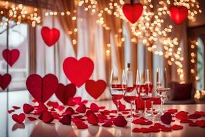 valentine's day decorations with wine glasses and hearts. AI-Generated photo