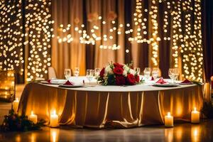 a table set for a wedding reception with candles and lights. AI-Generated photo