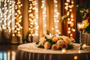 a table with flowers and candles on it. AI-Generated photo