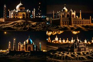 four different images of the taj mahal at night. AI-Generated photo