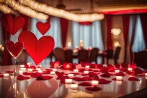 a table with red hearts and candles. AI-Generated photo