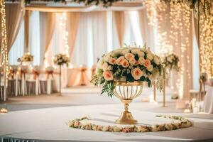 a wedding reception with flowers and candles. AI-Generated photo