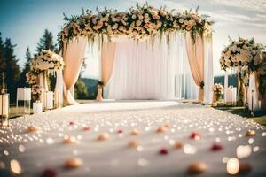 a wedding ceremony with flowers and candles. AI-Generated photo