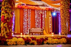 a stage decorated with flowers and red and yellow decorations. AI-Generated photo