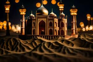 a model of a taj mahal in the desert at night. AI-Generated photo