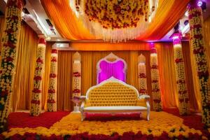 a wedding stage decorated with yellow and orange flowers. AI-Generated photo
