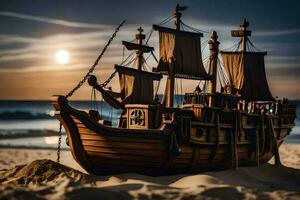 a model pirate ship sits on the beach at sunset. AI-Generated photo