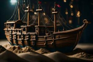 a model of a ship in the sand. AI-Generated photo