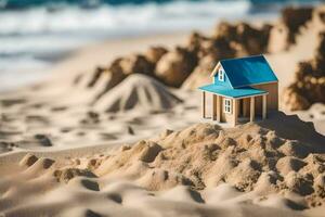 a miniature house sits on top of a sand dune. AI-Generated photo