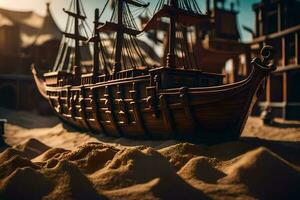 a model of a ship in the sand. AI-Generated photo