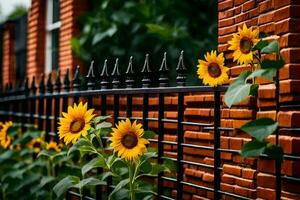 sunflowers are growing on a fence near a brick wall. AI-Generated photo