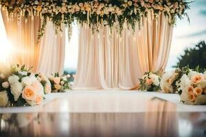 un Boda ceremonia con flores y un pabellón. generado por ai foto