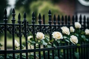 a black wrought fence with white roses. AI-Generated photo