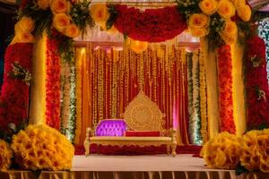 an indian wedding stage decorated with flowers and gold. AI-Generated photo