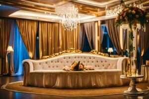 a fancy wedding reception room with gold couches and chandeliers. AI-Generated photo