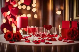 a table with red roses and candles. AI-Generated photo