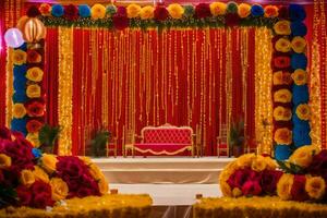 a stage decorated with red and yellow flowers. AI-Generated photo