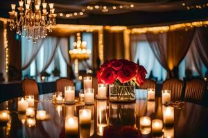 a table with candles and roses in a vase. AI-Generated photo