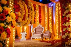 un Boda etapa decorado con amarillo y rojo flores generado por ai foto