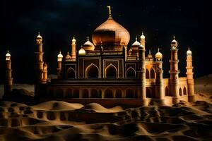 a large sand castle with a mosque in the middle. AI-Generated photo