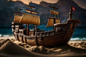 a model of a pirate ship on the beach. AI-Generated photo