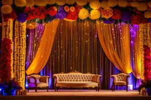 a stage decorated with colorful flowers and a couch. AI-Generated photo