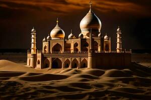 un arena castillo en el Desierto con un dorado cúpula. generado por ai foto