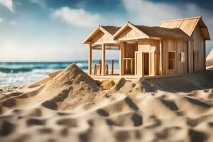 a wooden house on the beach with sand. AI-Generated photo
