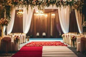 a wedding ceremony with red carpet and white drapes. AI-Generated photo