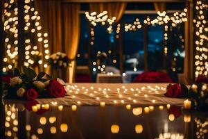 un Boda ceremonia es conjunto arriba con velas y flores generado por ai foto