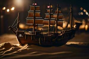 a model of a pirate ship on a beach. AI-Generated photo