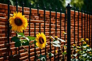 sunflowers growing in a brick fence. AI-Generated photo