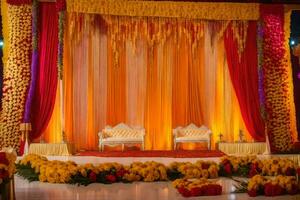 a stage decorated with yellow and orange flowers. AI-Generated photo