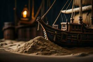 a model of a ship in the sand. AI-Generated photo