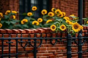 sunflowers growing on a brick wall near a fence. AI-Generated photo