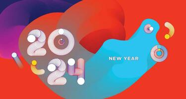 Happy New Year 2024 Colorful Greeting Card Banner for Social Media. Vector Abstract Fluid Background Design