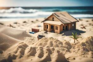 a miniature house on the beach with sand and palm trees. AI-Generated photo