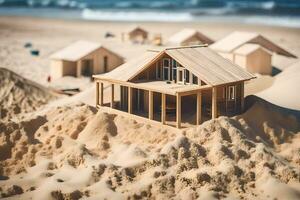 un miniatura casa en el playa con arena. generado por ai foto