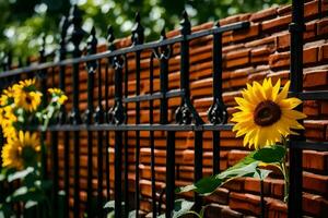 a sunflower is growing in front of a fence. AI-Generated photo