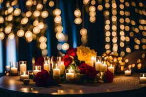 velas y flores en un mesa en frente de un cuerda de luces. generado por ai foto