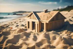 a miniature wooden house sits in the sand on the beach. AI-Generated photo