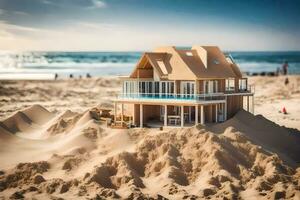 un modelo casa en el playa con arena. generado por ai foto
