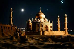 the taj mahal is lit up at night. AI-Generated photo