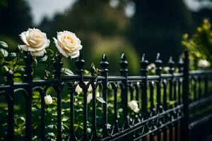 photo wallpaper the sky, roses, fence, the garden, the garden, roses, the garden. AI-Generated