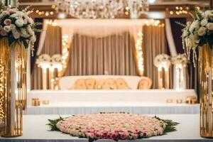 a wedding stage with flowers and gold decorations. AI-Generated photo