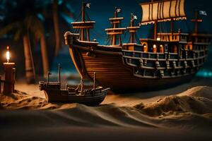 a model of a pirate ship on a beach. AI-Generated photo