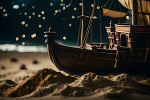 a model boat on the sand at night. AI-Generated photo