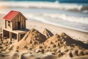 a small wooden house on the beach with sand. AI-Generated photo