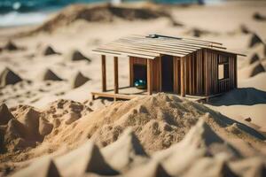 a miniature house on the beach with sand. AI-Generated photo