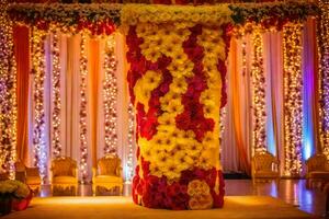 un vistoso Boda etapa decorado con flores y luces. generado por ai foto